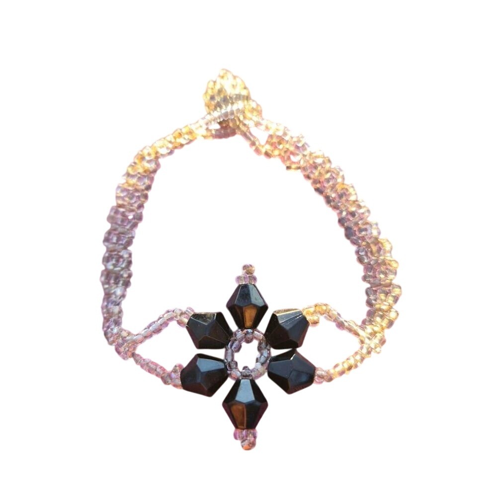 Handmade Beaded Flower Bracelet Clear Seed Bead Black Faceted Floral Toggle